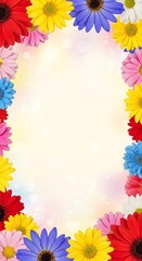 Obraz premium Vibrant multicolored gerbera daisy border, soft bokeh background, cheerful spring mood, floral design template.