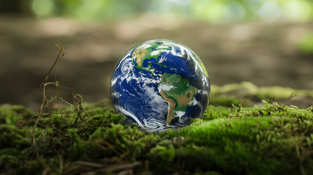 Miniature Earth rests on mossy forest floor globe planet