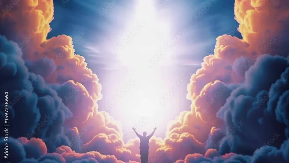 Wall mural Seamless looping video of man ascending in clouds with light rays.
