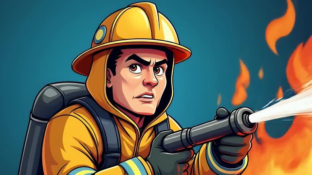 Illustrative mock up logo design of a heroic firefighter in action with hose and flames, bold color contrast, energetic cartoon style. No text.

