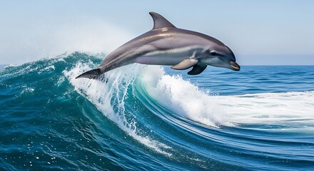 Fototapeta premium Dolphin leaping over ocean wave; vibrant, dynamic, joyful marine wildlife image.