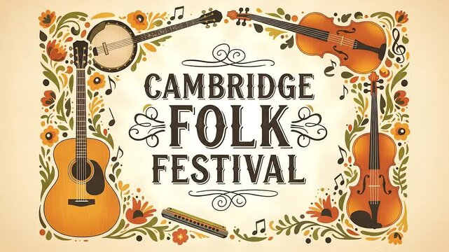 Animated Cambridge Folk Festival Banner with Floral Decorated Folk Instruments and Ornate Frame