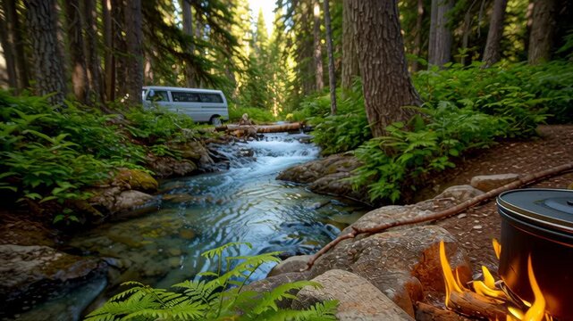 Serene camper van by quiet creek, small campfire crackling, pot simmering, embraced by lush greenery and towering trees in natures beauty