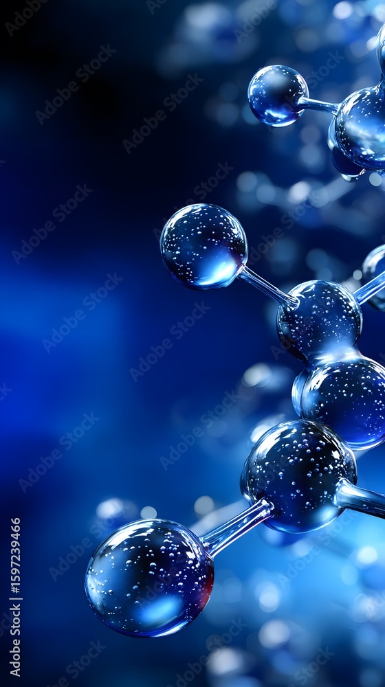 Poster molecular structure with reflective spheres in a blue gradient background