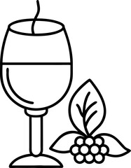 Elegant Wine Still Life Minimalist Line Art Illustration Featuring a Full Glass and Grapes with Leaves in Detailed Outline