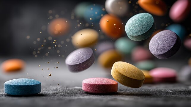 A close up shot of colorful pills falling onto a surface with several pills already arranged on it