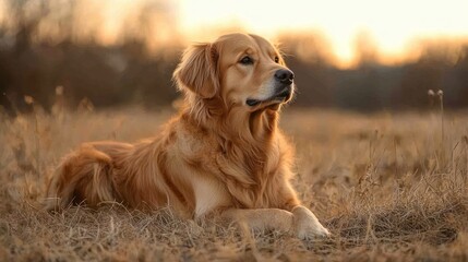 Majestic golden retriever lying in a sunlit field with unwavering gaze