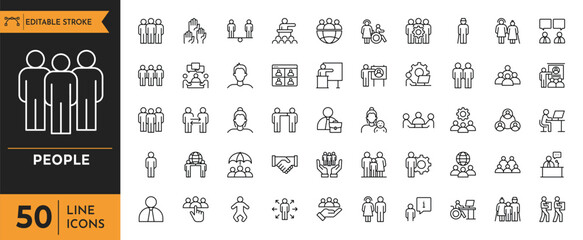 People icon set. Containing human, group, family, team, community, friends, population, senior, and more. Editable stroke. Vector illustration.
