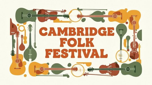Animated Cambridge Folk Festival Logo with Artistic Folk Instruments Framing a Cream Background