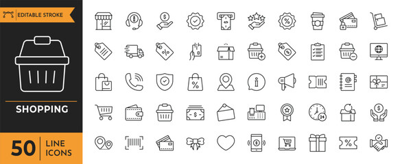 Shopping icon set. Containing Shop, store, cart, market, buyer, purchase, goods and more. Editable stroke. Vector illustration