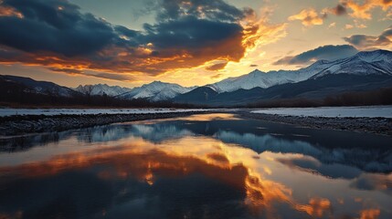 Fototapeta premium Mountain Range Reflected in Calm River at Sunset with Dramatic Clouds