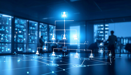 Illuminated Organizational Chart Overlayed on Futuristic Office Interior Design