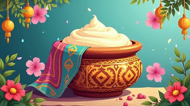 Illustration of a decorated clay pot (matki) filled with white butter and tied with colorful cloth, hanging from rope against festive background. No Krishna, no people.

