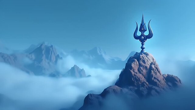 Flat vector illustration of Lord Shiva&rsquo;s trishul and damru placed on a mountain-like surface with blue mist and spiritual aura.