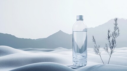 Clear plastic water bottle on a snowy desert landscape.