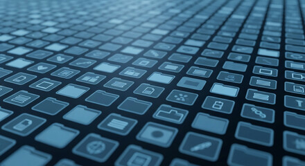 Blue Digital Icon Grid Background: Abstract Technology and Data Pattern