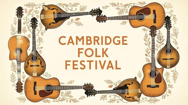 Animated Cambridge Folk Festival Title with Folk Instruments and Leafy Vine Frame