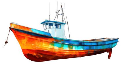 Naklejka premium A single colourful fishing boat in vibrant orange and blue on white background 
