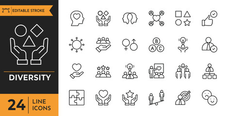 Diversity icon set. Containing equality, culture, languages, tolerance, difference, belonging, human rights, ethnicity, and more. Editable stroke. Vector illustration