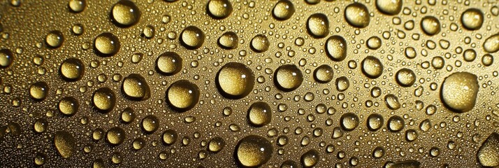 Drops of water on a shiny golden background. Dew and raindrops on yellow glass surface in close-up