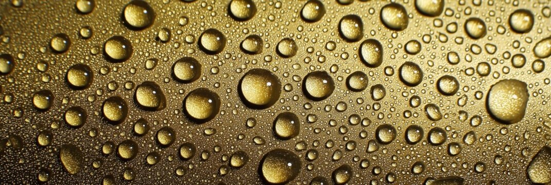 Drops of water on a shiny golden background. Dew and raindrops on yellow glass surface in close-up