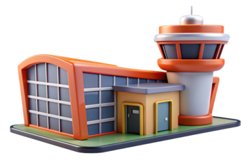 Modern airport fire station building with control tower isolated on transparent background