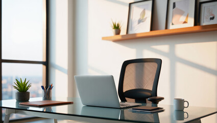 Fototapeta premium Modern Office Desk with Laptop, Minimalist Workspace and Home Office Setup