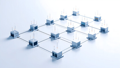 Interconnected Cubes: A Network of Data Nodes on a Clean White Surface
