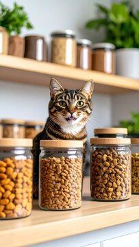 Naklejki Curious tabby cat in a pantry