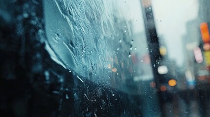 Close-up view of rain-streaked glass.