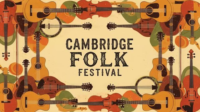 Animated Cambridge Folk Festival Logo with Full Frame Border of Assorted Folk Instruments