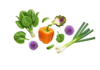 Fresh assortment of vibrant vegetables including spinach, bell pepper, and onions
