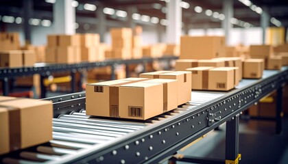 Cardboard boxes on conveyor belt in a warehouse