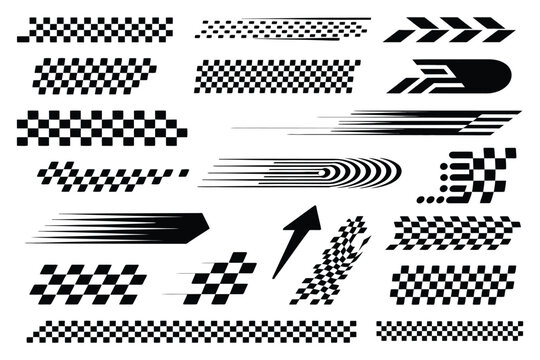 Checkered Flag Designs and Racing Stripe Speed Elements for Finish Line Motorsport Vector