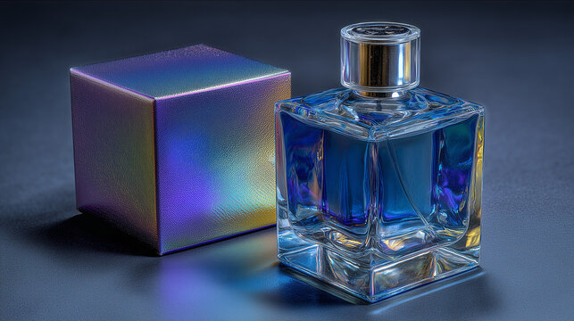 Blue liquid perfume bottle and iridescent cube box