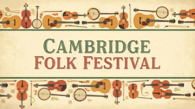 Animated Cambridge Folk Festival Banner with Decorative Top and Bottom Borders of Folk Instruments