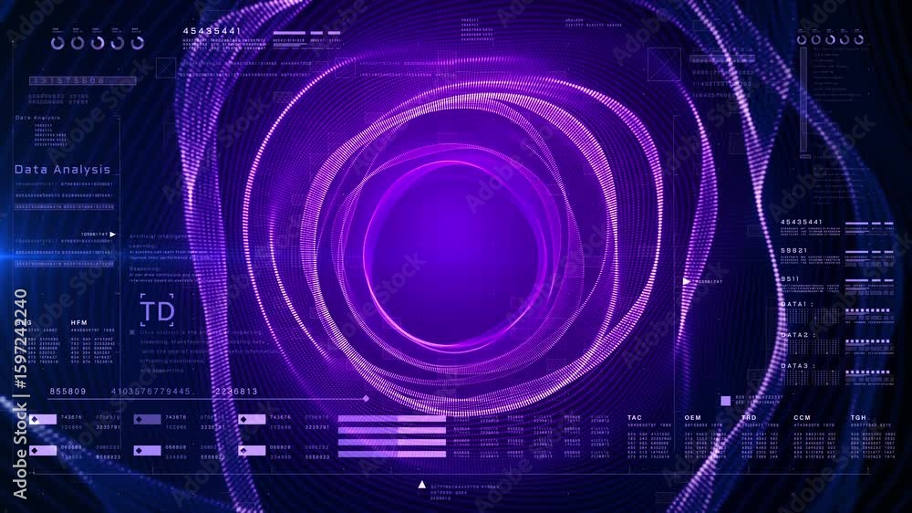 Poster high-tech digital interface with circular purple data streams, ai terms, and futuristic hud elements