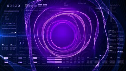High-tech digital interface with circular purple data streams, AI terms, and futuristic HUD elements for digital data network and analytics concepts. - Powered by Adobe