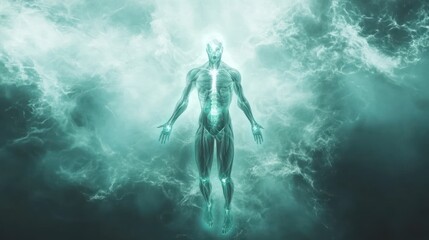 Glowing ethereal figure levitates amidst cosmic clouds; spiritual, fantasy art