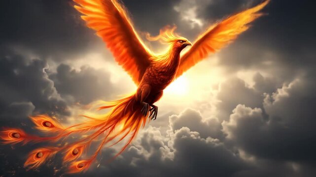 Fiery phoenix in flight, mythical bird soaring through dramatic cloudscape