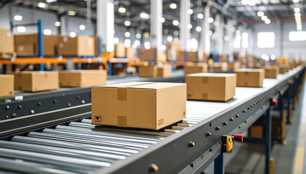 Cardboard boxes on conveyor belt in warehouse (2)