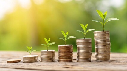 Investment and Financial Growth Concept Stacks of Coins and jars with Growing Plants and Rising Wealth