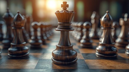Dramatic Close-Up of a Wooden Chess King Dominating the Board Strategy