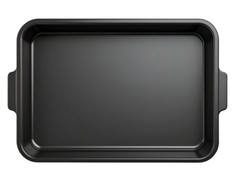 Flat Black Rectangular Baking Tray with Smooth Non-Stick Surface, Top View Isolated