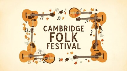 Animated Cambridge Folk Festival Banner with Musical Instruments and Autumn Leaves Frame