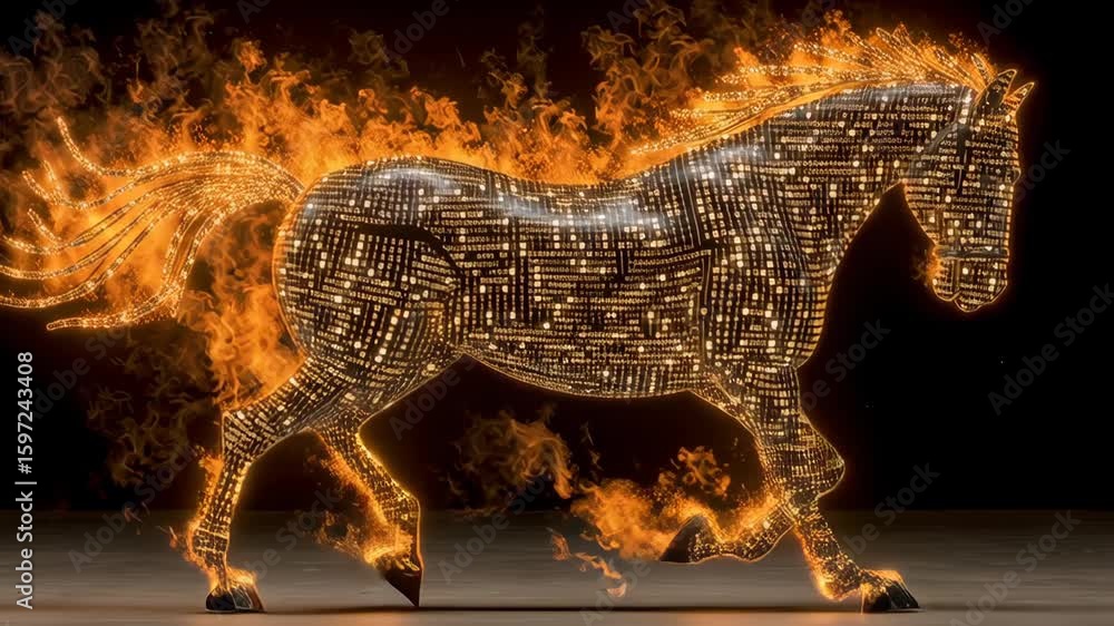 Aufkleber glowing horse sculpture crafted from binary code, enveloped in flames, represents fusion of technolo