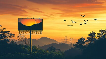 Billboard at sunset overlooking a valley.