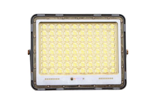 LED spotlight small isolated on cut out PNG or transparent background. Safety floodlight on roads. Technology that provides light electric in wide area. Shaped set in park to illuminate night. 