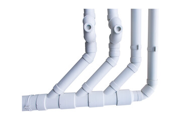 Structure plastic pipes white isolated on cutout PNG or transparent background. Plumbing rough-in...
