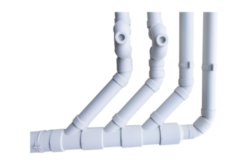 Structure plastic pipes white isolated on cutout PNG or transparent background. Plumbing rough-in or electrical conduit in commercial building with pvc pipe in construction site of apartment.